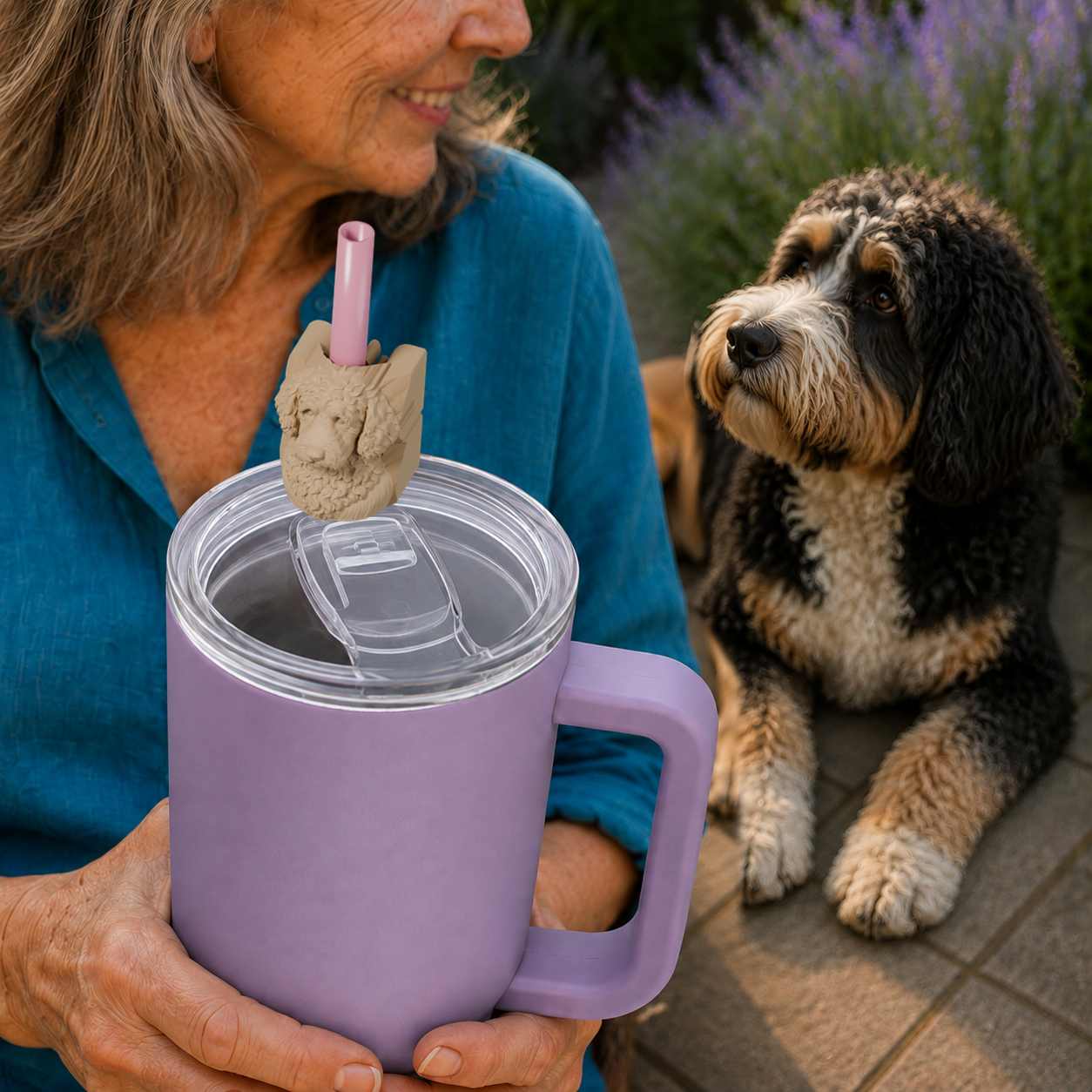 Tan Bernedoodle straw charm fitted around a straw on a lavender tumbler