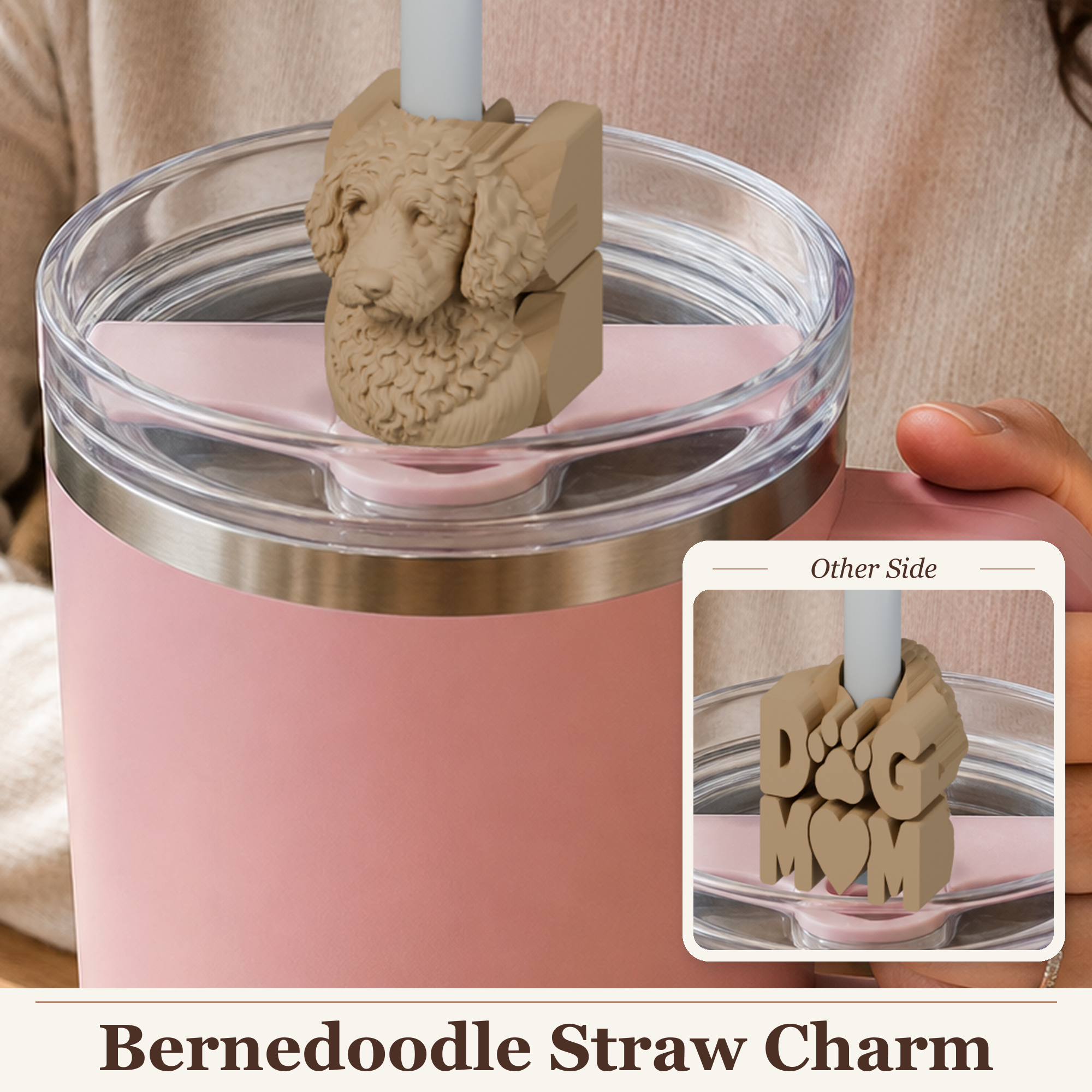 Bernedoodle Dog Mom straw charm showing the dog portrait and reverse lettering